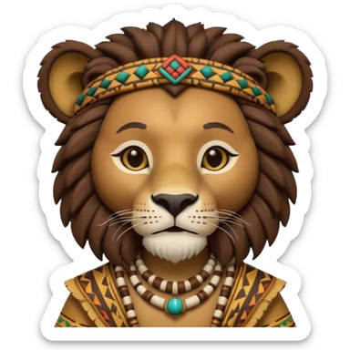 a-3d-cartoon-african-lion-from-the-1800s-wearing-traditional-african-tribal-clothing,-calm-expression,-natural-background,-memoji-style-realism. sticker