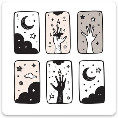 Tarot cards with mystical symbols in pastel colors (dd9fb0, ffc6d3, a3bfc9, c4bee2, f1b091), hand-drawn doodle style sticker