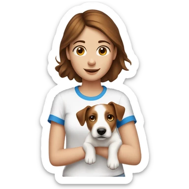 a girl with brown hair and fair skin, blue eyes, in a white T-shirt with a dog in her arms, a Jack Russell dog with brown spots sticker