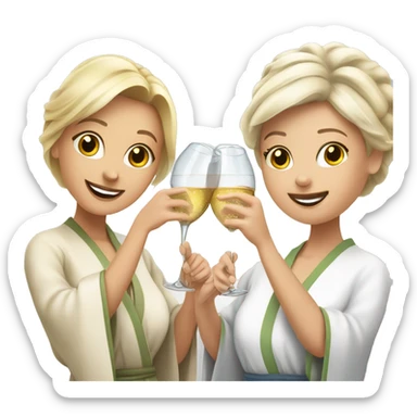A young blonde woman and an older woman in spa robes doing a cheers witch champagne glasses sticker