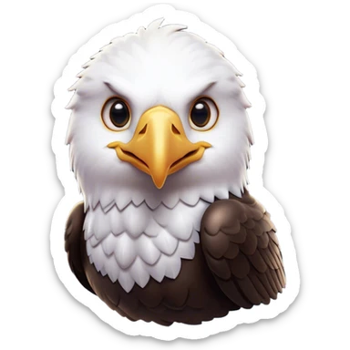 Cinematic Cute American Eagle Portrait Emoji, Head tilted playfully and inquisitively, featuring a streamlined form with a subtle blend of dark and white plumage and round, sparkling eyes full of spirited charm, Simplified yet irresistibly adorable features, highly detailed, glowing with a warm, inviting glow, high shine, affectionate and lively, stylized with a touch of whimsical aerial grace, soft glowing outline, capturing the essence of a mischievous yet endearing American eagle that seems as if it could glide out of the screen into your heart! sticker