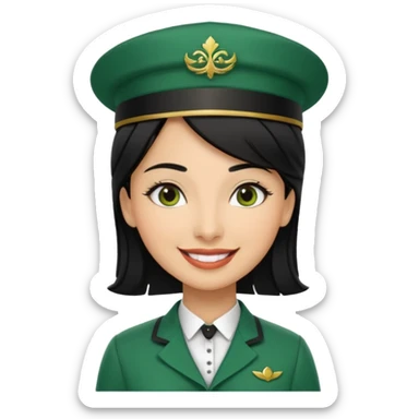 Lady hotel butler with green uniform black hair and just a lite bit brown skin and Arabic face with our hat please sticker