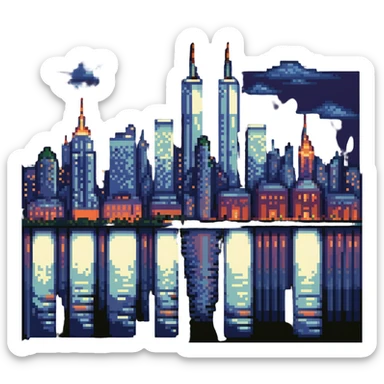 cityscape of New York in 1999, skyline with Twin Towers, night lights sticker
