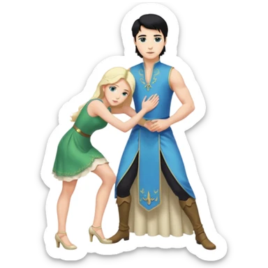 2 Person, prince, upright, black Hair, blue eyes, whole body, Woman, blonde Hair, Green eyes, bending knee, sleveless White Dress, sticker