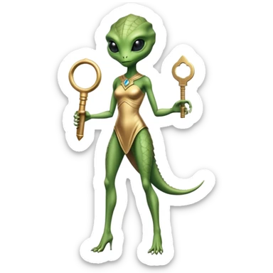 a reptilian alien woman full body, in gold dress, hold big key sticker
