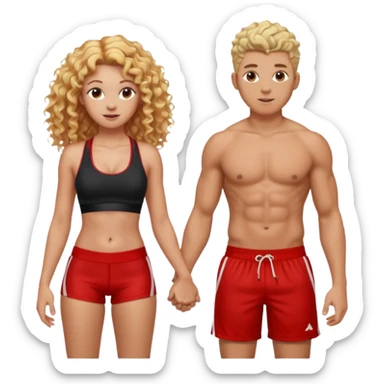 athletic man, high top fade, blonde curly hair only top only, no shirt and Athletic girl with long light red wavy long hair and black sports, Put them together kissing, or holding hands sticker