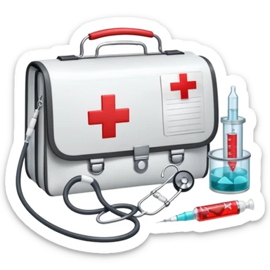 An icon featuring a medical bag with a red cross, a stethoscope, and a syringe, symbolizing medicine. The design includes pills, a heart monitor, and a clipboard with patient notes, representing healthcare, diagnostics, and treatment. Transparent background highlights the science of medicine. sticker
