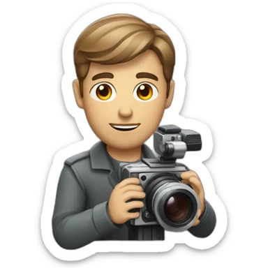 European film director with brown piled short hair holding a cinema camera sticker