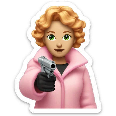Women with reddish blonde hair with light green eyes and a pink fluffy coat pointing a laser gun sticker