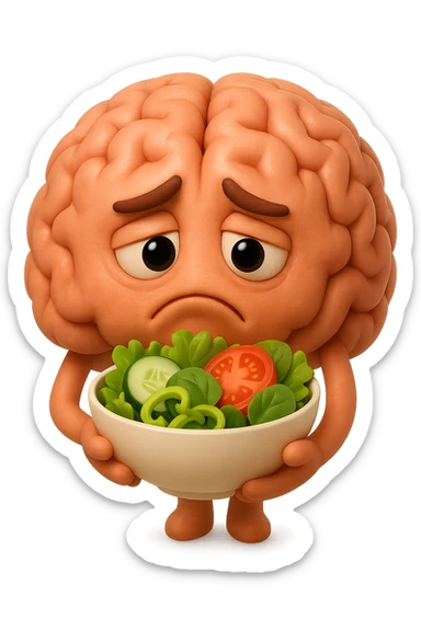 EMOJI STILE IPHONE 3D DI UN cervello umano che tiene in mano un insalata con espressione triste, iperrealistico 4k sticker