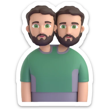 man with dark messy short hair, dark green eyes, gray T-shirt, and short beard sticker