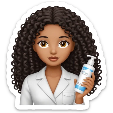 Uma boneca morena com olhos castanhos e cabelo cacheado longo preto, com creme de pentear na mão da Salon line sticker