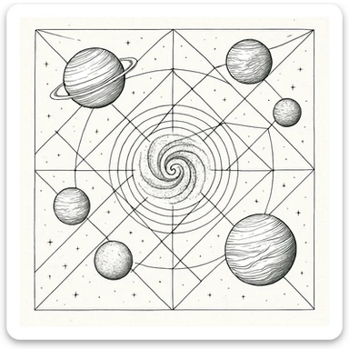 a design for an decorative black and white map, showing linework of galactic planets and a galactic ley lines. matrix map. black linework. neat and minimal design

 sticker