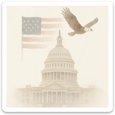 the US Capitol building, US flag in the background, eagle flying, painterly illustration style sticker