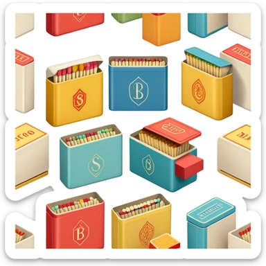 Icon for Matchbox Collecting: a collection of colorful vintage matchboxes arranged in a row, with the match tips visible on the sides. The icon should highlight the unique design and charm of the matchboxes from various places. Transparent background. sticker