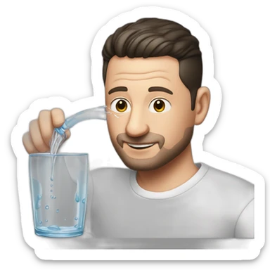tim robinson dark black slicked back hair, wearing a white long sleeve t-shirt while pouring water from glass onto a steak sticker