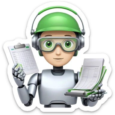 human like robot accountant with green Green eyeshades visor holding spreadsheets sticker