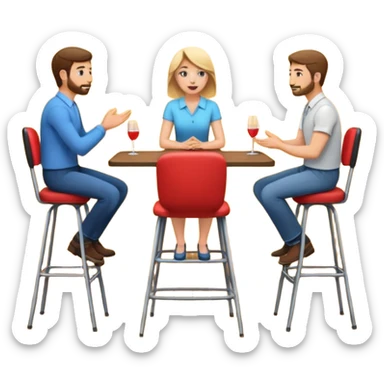 casual interview on stage, three people, facing each other, woman on the left, two men on the right, high chairs sticker