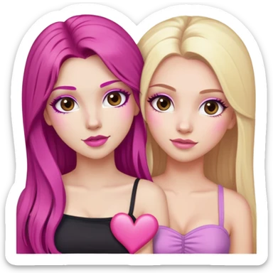 gorgeous long lashes pale girl with long magenta hair latina makeup next to a gorgeous blonde girl with blonde hair brown eyes and a light pink heart above them both wearing tube tops sticker