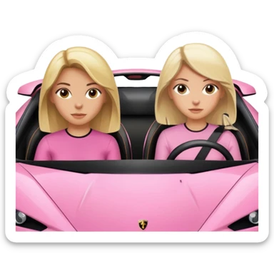 Car facing forward in pink sports car. The best friend girls are not smiling but very pretty, just neutral expression. One girl is blonde, one girl is brunette. Front of car sitting in the seats. Make it a pink sports car. They are two baddies make it a Lamborghini pink car  sticker