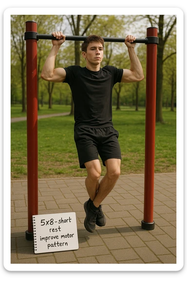 Giovane principiante dello streetlifting in un parco, fisico ancora asciutto, esegue lunghe serie di trazioni senza peso, con tecnica controllata. A terra, un taccuino con scritto '5x8 - riposo breve - migliorare schema motorio'. Espressione concentrata. Luce naturale, atmosfera educativa, senso di costruzione progressiva. sticker