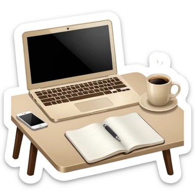 Laptop on the rectangular beige table, coffee and notebook sticker