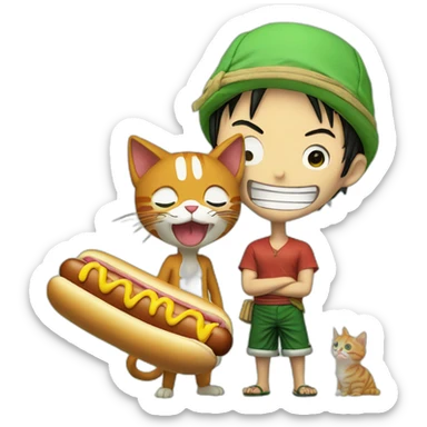Luffy and Zoro with a cat eating an hot-dog sticker