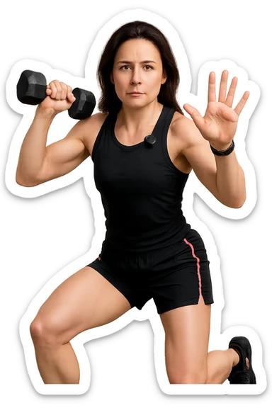 Allenamento ad alta intensità donna mentre fa pesi con in mnao due manubri sticker