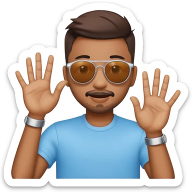 A emoji doing hands like hardik Pandya after winning t20 world cup in sky blue colour round emoji Cat wearing sunglasses sticker