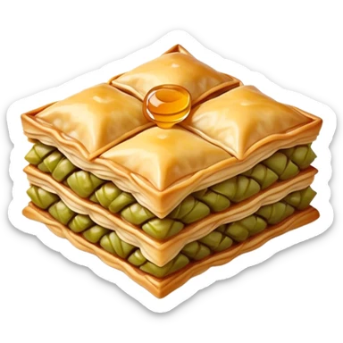 Cinematic Realistic Baklava Dessert Emoji, depicted as layers of flaky pastry with honey and nuts rendered with rich textures and warm, inviting lighting. sticker