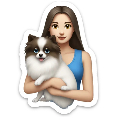 White Brunette girl with blue eyes  holding a white pomeranian  sticker