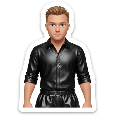Justin Timberlake with blue eyes, light brown hair, black metallic shirt, black metallic baggy pants, silver necklace sticker