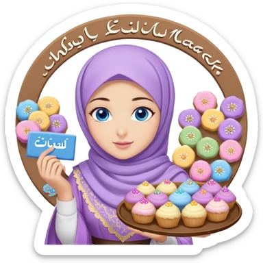 Turkish beautiful finish Konya girl blue eyes with lilac floral hijab islamic dress and had on her hand text Eid Mubarak with sweets and celebrating with her friends eid days   sticker