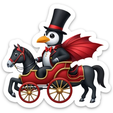 A penguin dressed as dracula riding a 3 horse carriage sticker