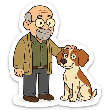 cartoon style bald old man with round glasses and grey goatee standing with a Brittany Spaniel, friendly and warm sticker