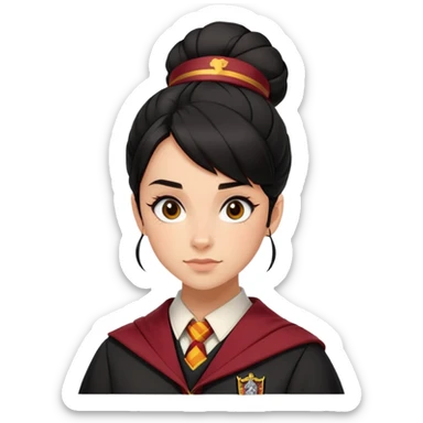 alicia spinnet in harry potter, wear hogwarts gryfindor uniform,  thick, black bun hair , reflecting her bold, stylish, and strong personality sticker