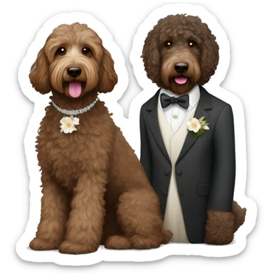 Black and brown bernadoodle in wedding dress and dark brown Australian labradoodle in suit sticker