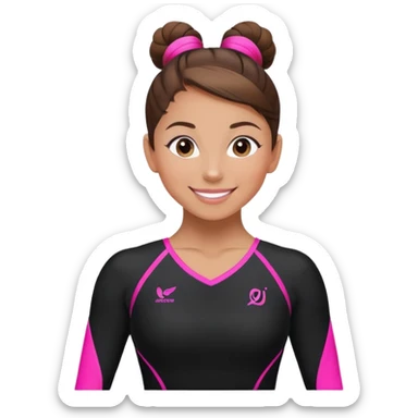 Happy female gymnast with brown hair in a neat bun, wearing a black uniform with neon pink elements. sticker