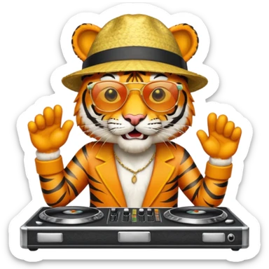 Un tigre con sombrero estilo cubano, una mesa de dj y gafas de sol sticker