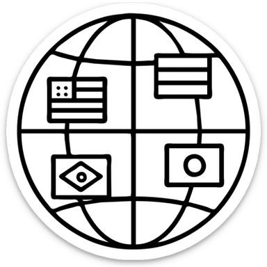 Outlined world globe with different national flags marked on the continents sticker