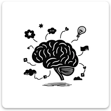 Hand-drawn Natural Language Processing concept with brain, text, and language tokens sticker