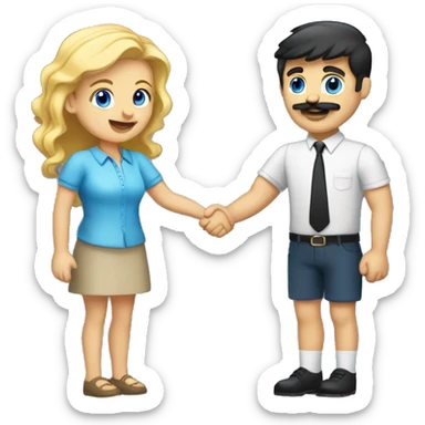 blonde blue eyed woman shaking hands with dark hair dark eyed man with mustache  sticker