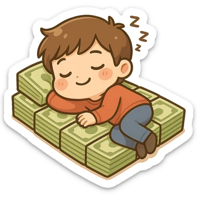 happy person napping on mattress of money sticker