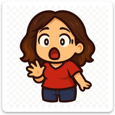 Create a chibi emote of a woman from the reference wearing a red blouse and jeans, surprised/shocked, no headband, no wand, matching the attached green heart emote as a base, transparent background sticker