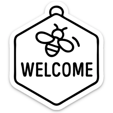 Welcome tag with buzzing bee, hexagon shape, 'WELCOME' text sticker