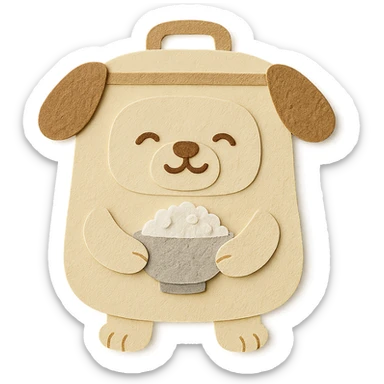 cute dog shaped like a rice cooker, round belly, holding a rice bowl, soft cream and brown colors, full-body sticker