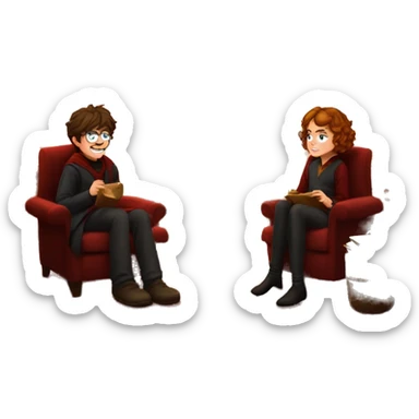 Harry, Ron, and Hermione sitting by a roaring fireplace in the Gryffindor common room, with stockings hanging and Christmas lights sparkling sticker