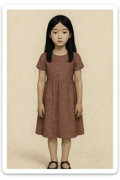 full body girl in a dress with black hair, neutral expression, simple background sticker