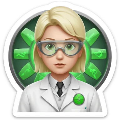 nuclear scientist portrait, head and shoulders only, wearing lab coat collar, protective goggles, glowing green radiation symbol badge, serious expression, sci-fi laboratory vibe, 3D cartoon, mobile game icon style, clean background, no text, no watermark
 sticker