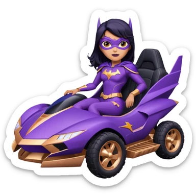 Hot full size real-appearance racing action BatGirl’s feminine midnight-purple tight outfit sixty’s tv show 1992 stealth retro cat burglar sporty petite off-road pursuit hovering black hover cruiser car rose gold accents (black hair,reclined and relaxed seating position and attitude) desert sticker